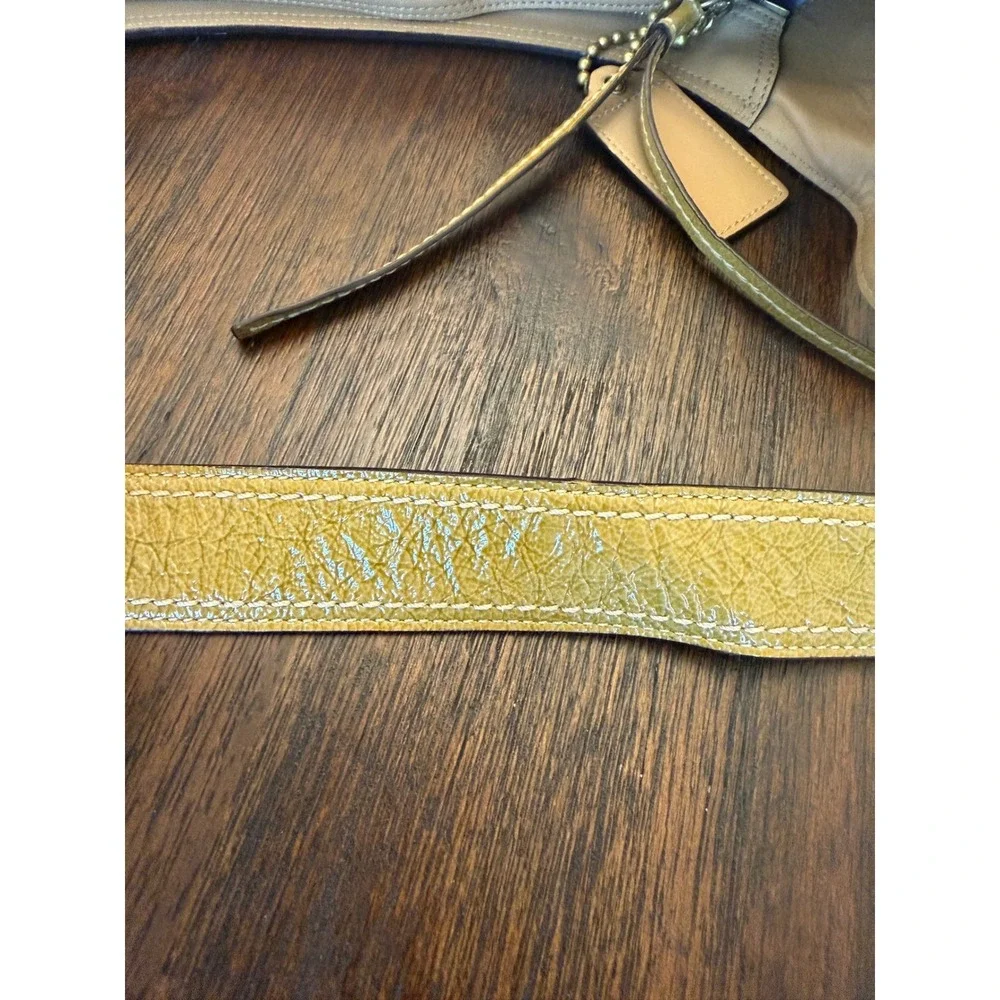 Coach Signature Jacquard Hobo Bag Yellow Patent Leather Trim Khaki Monogram